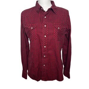 Ralph Lauren women red black buffalo plaid pearl snap western flannel shirt 14